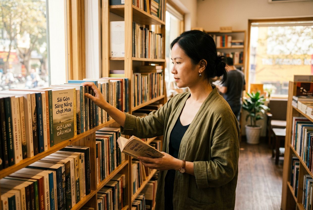 Người đọc lựa chọn sách trong hiệu sách ấm cúng